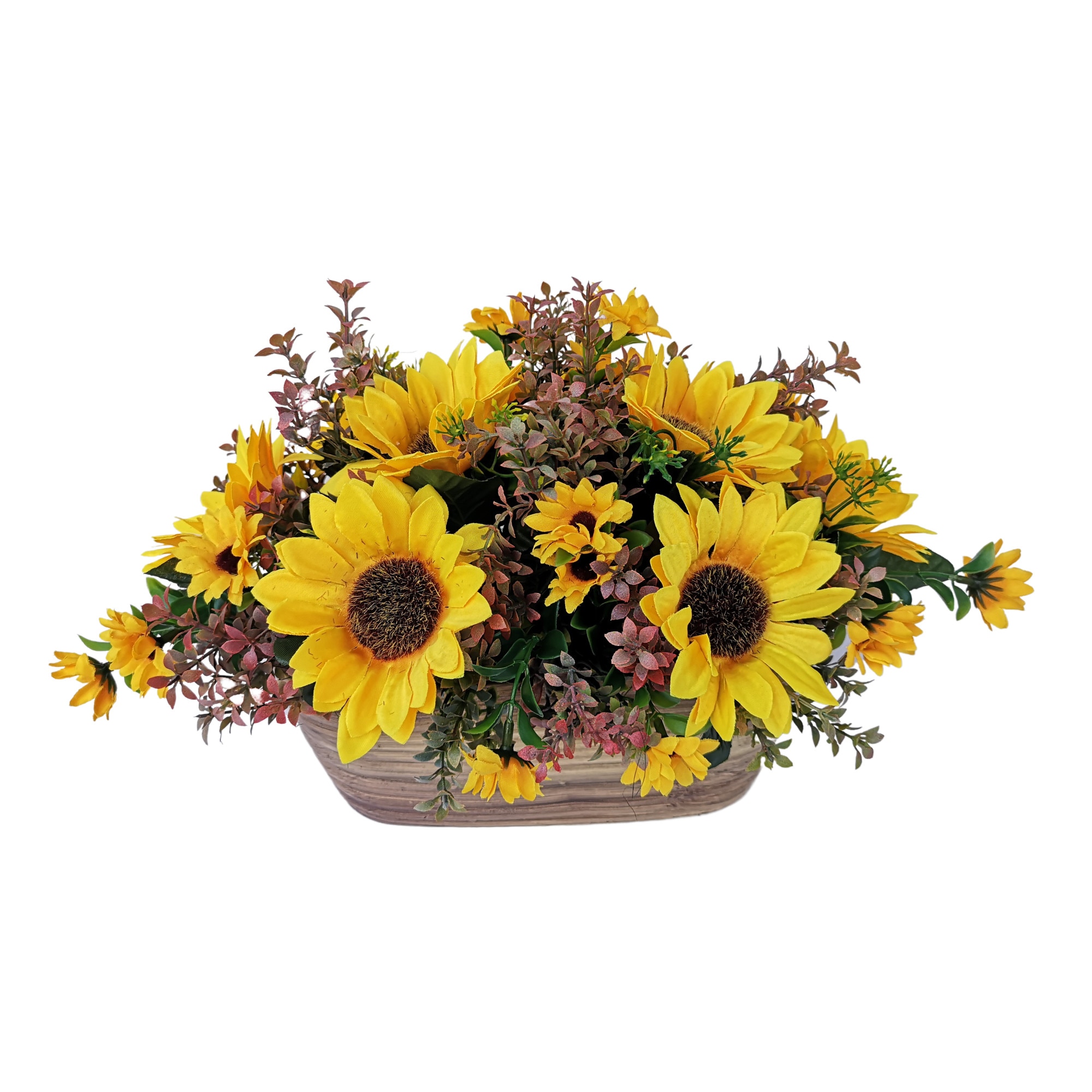 Aranjament floral din flori artificiale, DADY, cu floarea soarelui si verdeata decorativa artificiala, in vas ceramic oval,dimensiuni aranjament 35 x22x22 cm