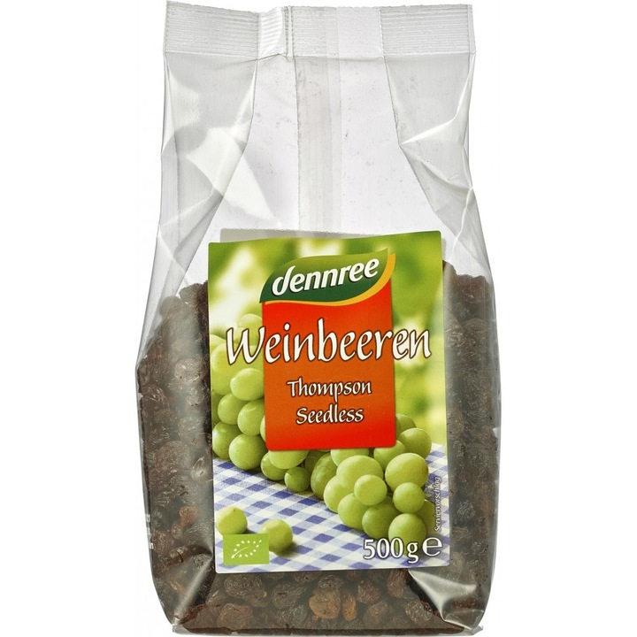 Stafide din struguri Thompson fara samburi bio, 500g, Dennree