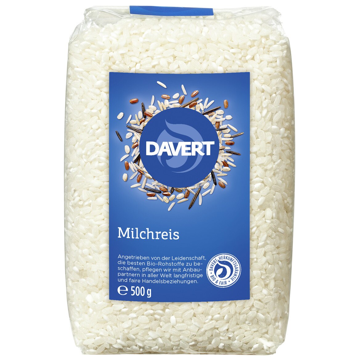 Orez cu bob rotund alb pentru lapte, Davert, bio, 500g