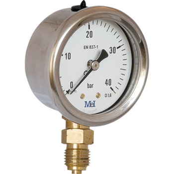Manometru 0-40 bari, diametru 100mm, carcasa inox cu glicerina (antivibratii), radial (montare pe verticala) Manometru 0-40 bari, diametru 100mm, carcasa inox cu glicerina (antivibratii), radial (montare pe verticala)