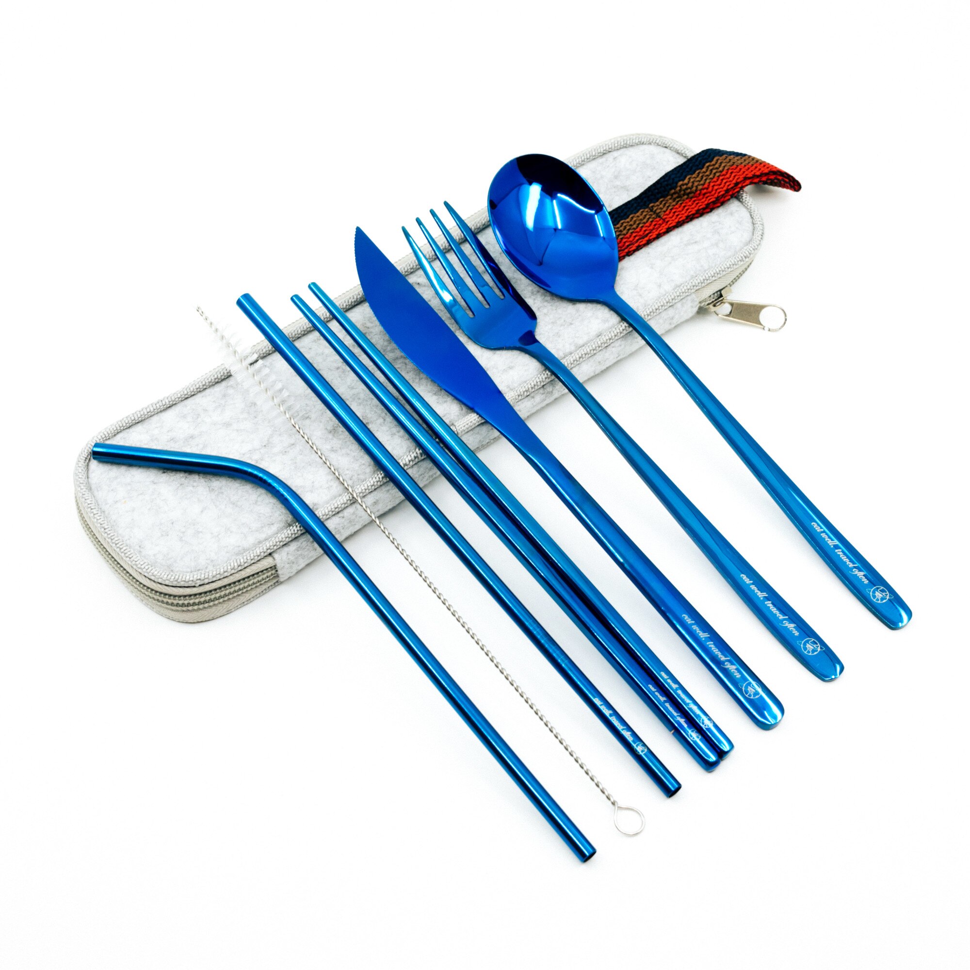 Set tacamuri pentru calatorit, birou si camping, Eat well travel often, 8 piese, Otel Inoxidabil, Albastru