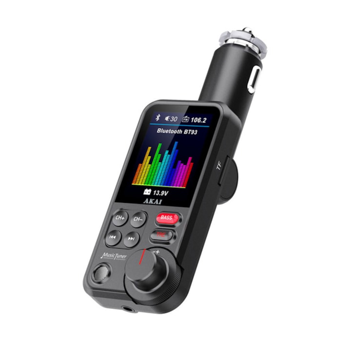 Modulator FM Akai FMT-93BT, Bluetooth, USB, Micro SD Card reader, functie incarcator telefon, microfon incorporat, egalizator