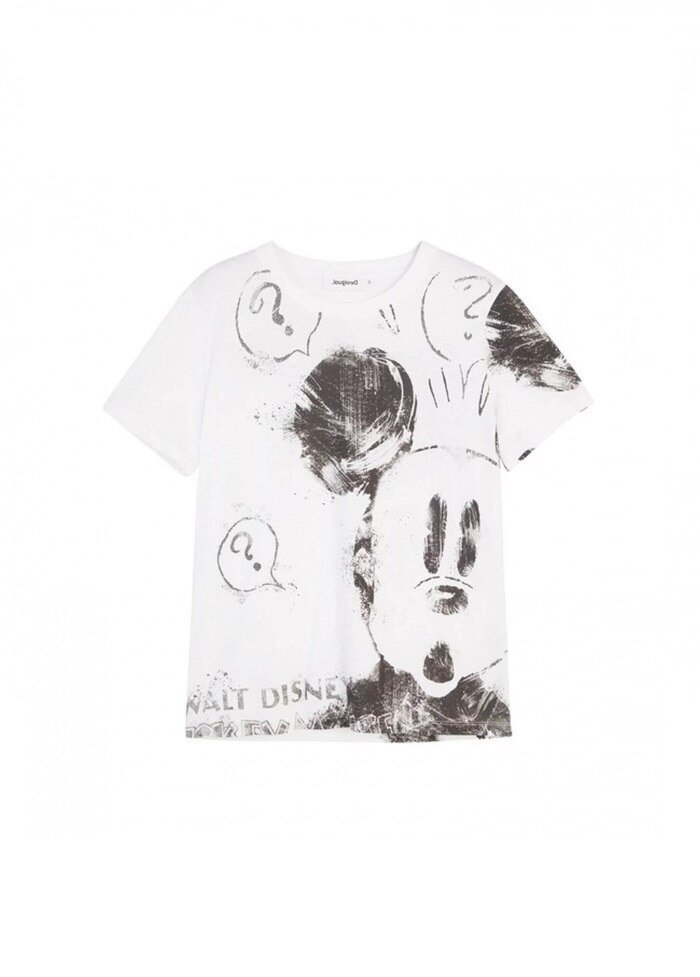 Tricou , Desigual , Regular fit , Imprimeu Mickey Mouse, Alb