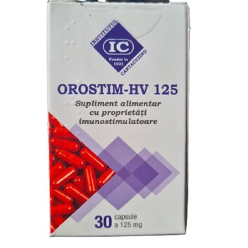 Orostim HV 125-supliment alimentar pentru copii cu proprietati imunostimulatoare produs de Institutul Cantacuzino, cutie cu 30 capsule Orostim HV 125-supliment alimentar pentru copii cu proprietati imunostimulatoare produs de Institutul Cantacuzino, cutie cu 30 capsule