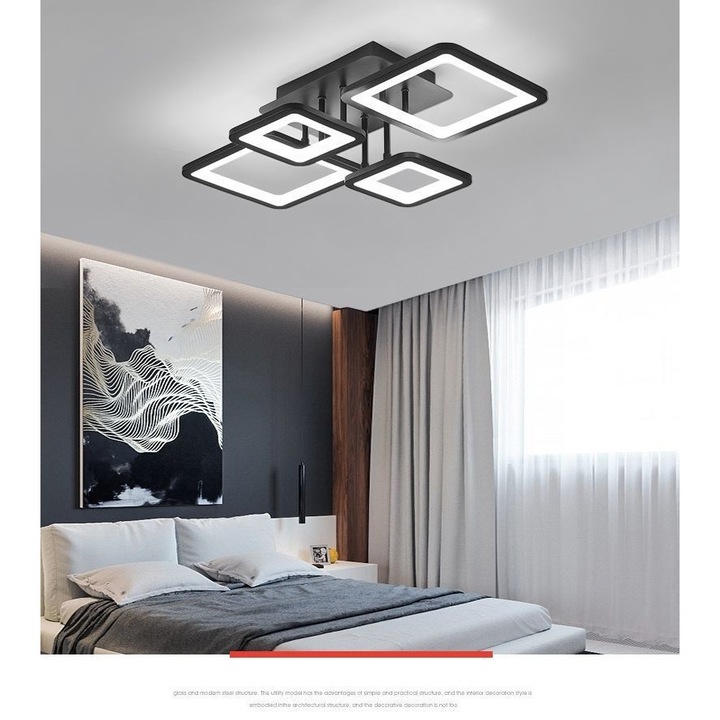 Lustra led Square Design Patrata cu Telecomanda negru 8876/4BK lumina calda rece si lumina naturala intensitate reglabila