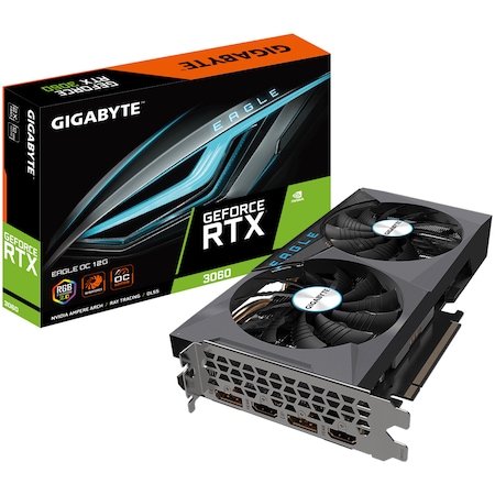 Placa video Gigabyte GeForce® RTX™ 3060 EAGLE OC 2.0 LHR, 12GB GDDR6, 192-bit - performanță ridicată în jocuri și un raport calitate-preț excelent.