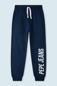 Pepe Jeans London, Pantaloni sport cu imprimeu logo si snur in talie, albastru inchis/alb Pepe Jeans London, Pantaloni sport cu imprimeu logo si snur in talie, albastru inchis/alb