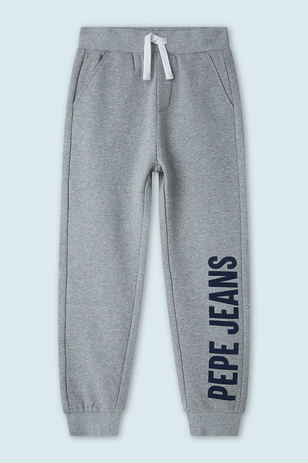 Pepe Jeans London, Pantaloni sport cu imprimeu logo si snur in talie, Gri melange/Bleumarin inchis