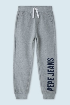 Pepe Jeans London, Pantaloni sport cu imprimeu logo si snur in talie, Gri melange/Bleumarin inchis Pepe Jeans London, Pantaloni sport cu imprimeu logo si snur in talie, Gri melange/Bleumarin inchis