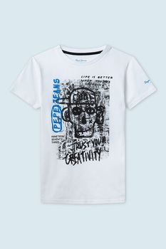 Pepe Jeans London, Tricou cu imprimeu grafic, Alb/Negru/Albastru Pepe Jeans London, Tricou cu imprimeu grafic, Alb/Negru/Albastru