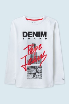 Pepe Jeans London, Bluza cu model logo si grafic, Alb/Negru/Rosu, 152 CM Pepe Jeans London, Bluza cu model logo si grafic, Alb/Negru/Rosu, 152 CM