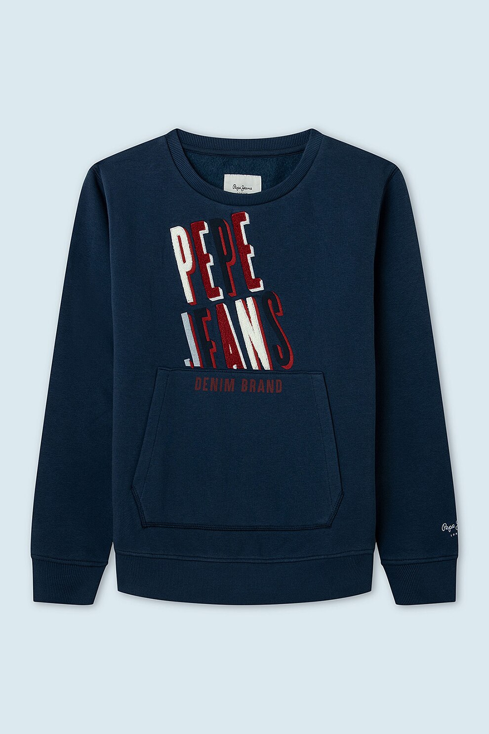 Pepe Jeans London, Bluza sport cu decolteu la baza gatului si buzunar kangaroo Jeremy, Bleumarin inchis/Rosu inchis/Alb prafuit