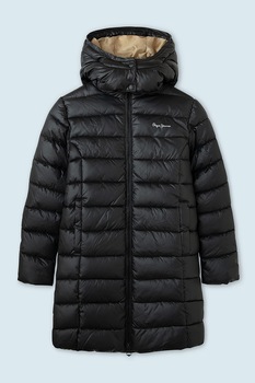 Pepe Jeans London, Geaca midi matlasata cu gluga Anja, Negru, 105 CM Pepe Jeans London, Geaca midi matlasata cu gluga Anja, Negru, 105 CM