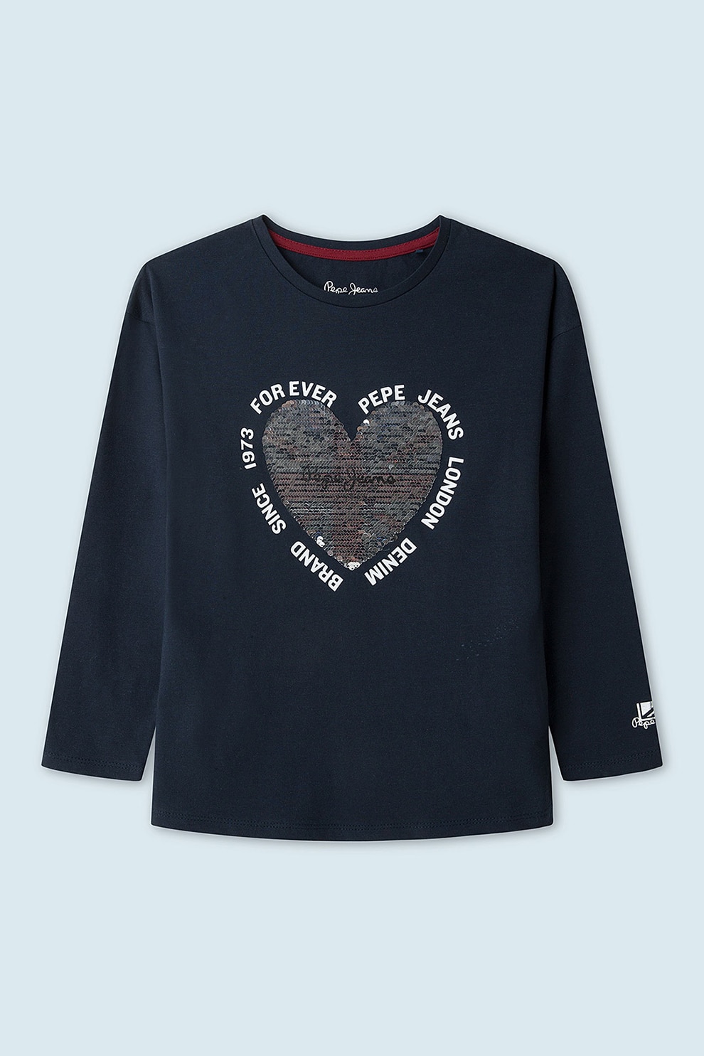 Pepe Jeans London, Bluza cu maneci lungi si paiete reversibile, Bleumarin inchis/Alb/Rosu