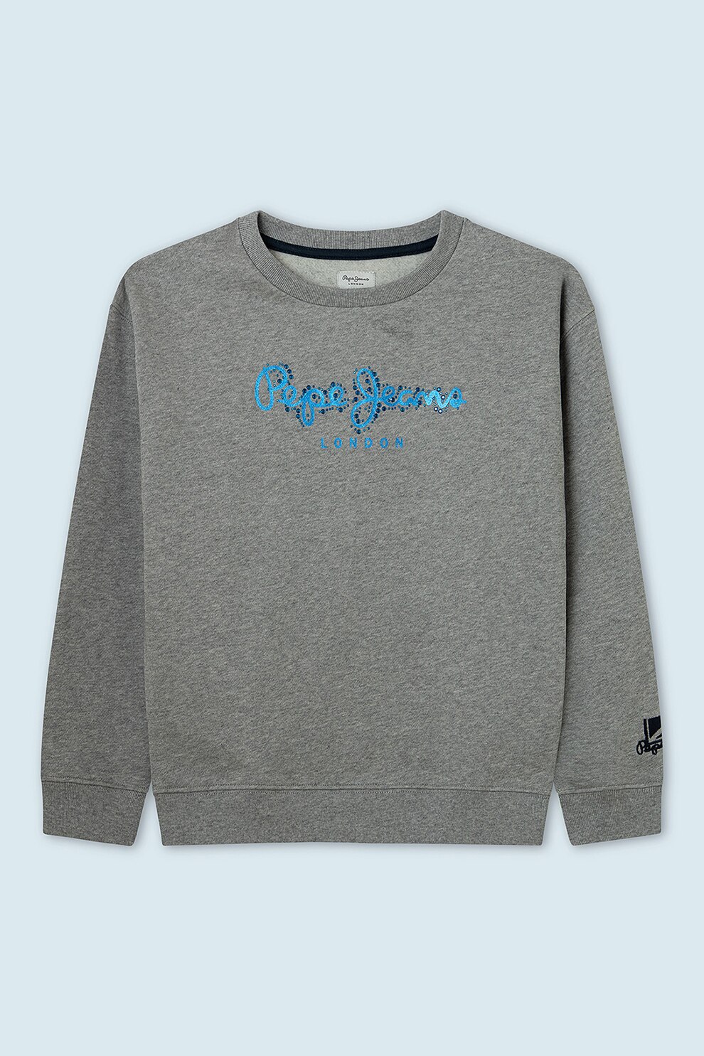 Pepe Jeans London, Bluza sport cu imprimeu logo metalizat, Gri melange/Albastru