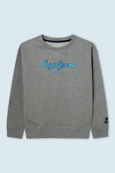 Pepe Jeans London, Bluza sport cu imprimeu logo metalizat, Gri melange/Albastru Pepe Jeans London, Bluza sport cu imprimeu logo metalizat, Gri melange/Albastru