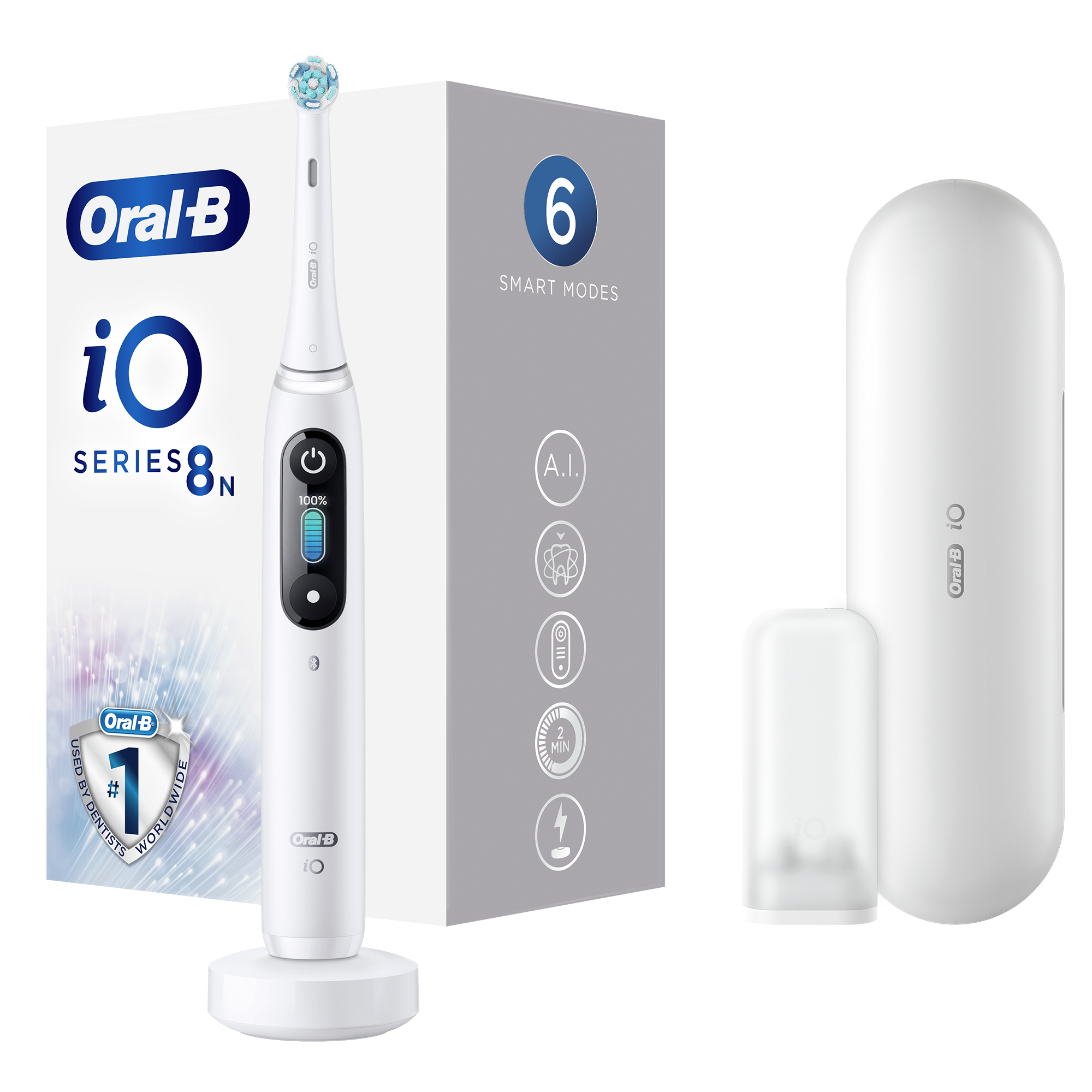 Periuta de dinti electrica Oral-B iO8 cu Tehnologie Magnetica si Micro-Vibratii, Inteligenta artificiala, Display led interactiv, Senzor de presiune Smart, Timer vizibil, 6 moduri, 1 capat, Suport rezerve, Incarcator magnetic, Trusa de calatorie, Alb