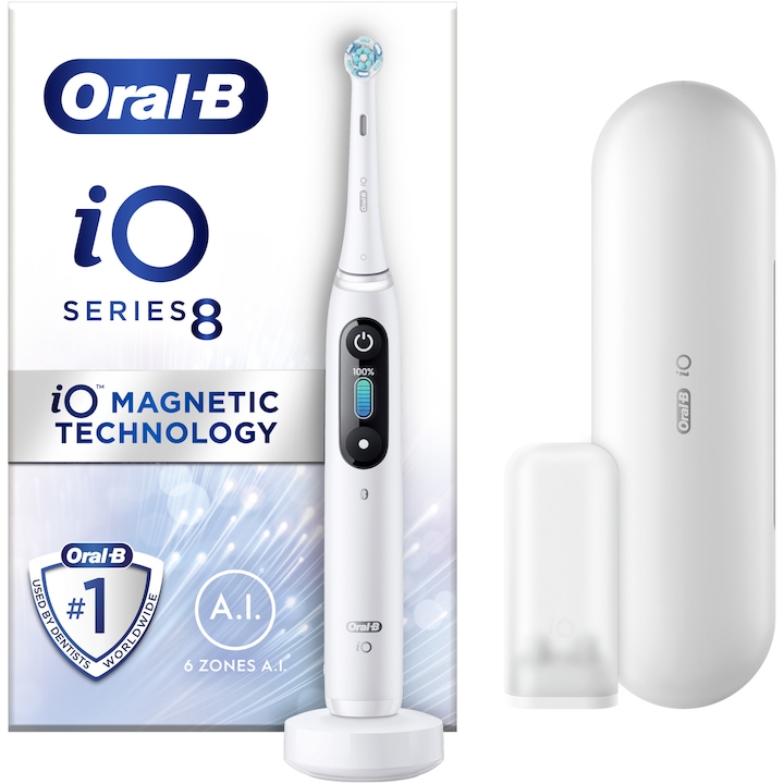 Ел. четка за зъби Oral-B iO8 с магнитни технологии и микровибрации, Изкуствен интелект, LED интерактивен дисплей, Интелигентен сензор за налягане, Видим таймер, Магнитно зарядно устройство, Комплект за пътуване, Бял