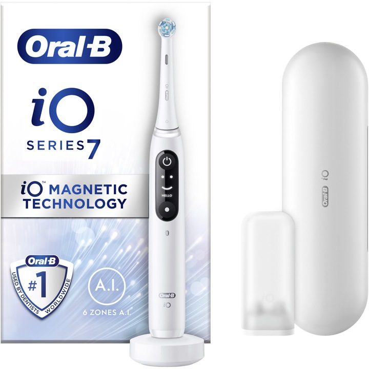Periuta de dinti electrica Oral-B iO7 cu Tehnologie Magnetica si Micro-Vibratii, Inteligenta artificiala, Display led interactiv, Senzor de presiune Smart, Timer vizibil, 5 moduri, 1 capat, Suport rezerve, Incarcator magnetic, Trusa de calatorie, Alb