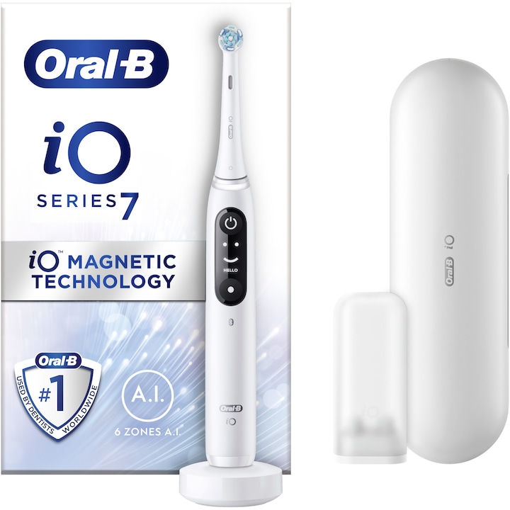 Ел. четка за зъби Oral-B iO7 с магнитни технологии и микровибрации, Изкуствен интелект, LED интерактивен дисплей, Интелигентен сензор за налягане, Видим таймер, Магнитно зарядно устройство, Комплект за пътуване, Бял