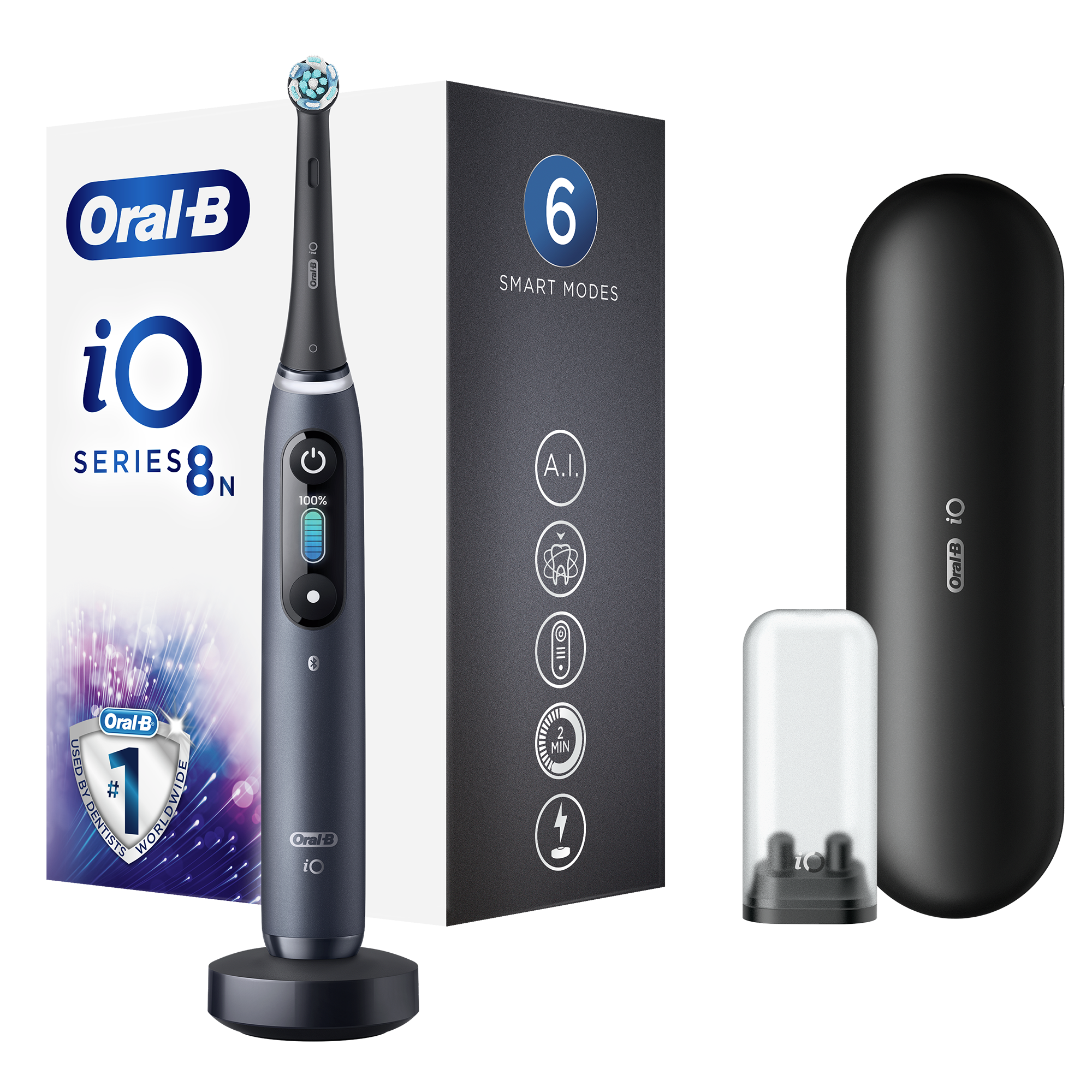Periuta de dinti electrica Oral-B iO8 cu Tehnologie Magnetica si Micro-Vibratii, Inteligenta artificiala, Display led interactiv, Senzor de presiune Smart, Timer vizibil, 6 moduri, 1 capat, Suport rezerve, Incarcator magnetic, Trusa de calatorie, Negru