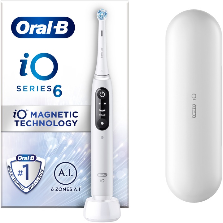 Periuta de dinti electrica Oral-B iO6 cu Tehnologie Magnetica si Micro-Vibratii. Inteligenta artificiala. Display led interactiv. Senzor de presiune Smart. Timer vizibil. 5 moduri. 1 capat. Trusa de calatorie. Alb