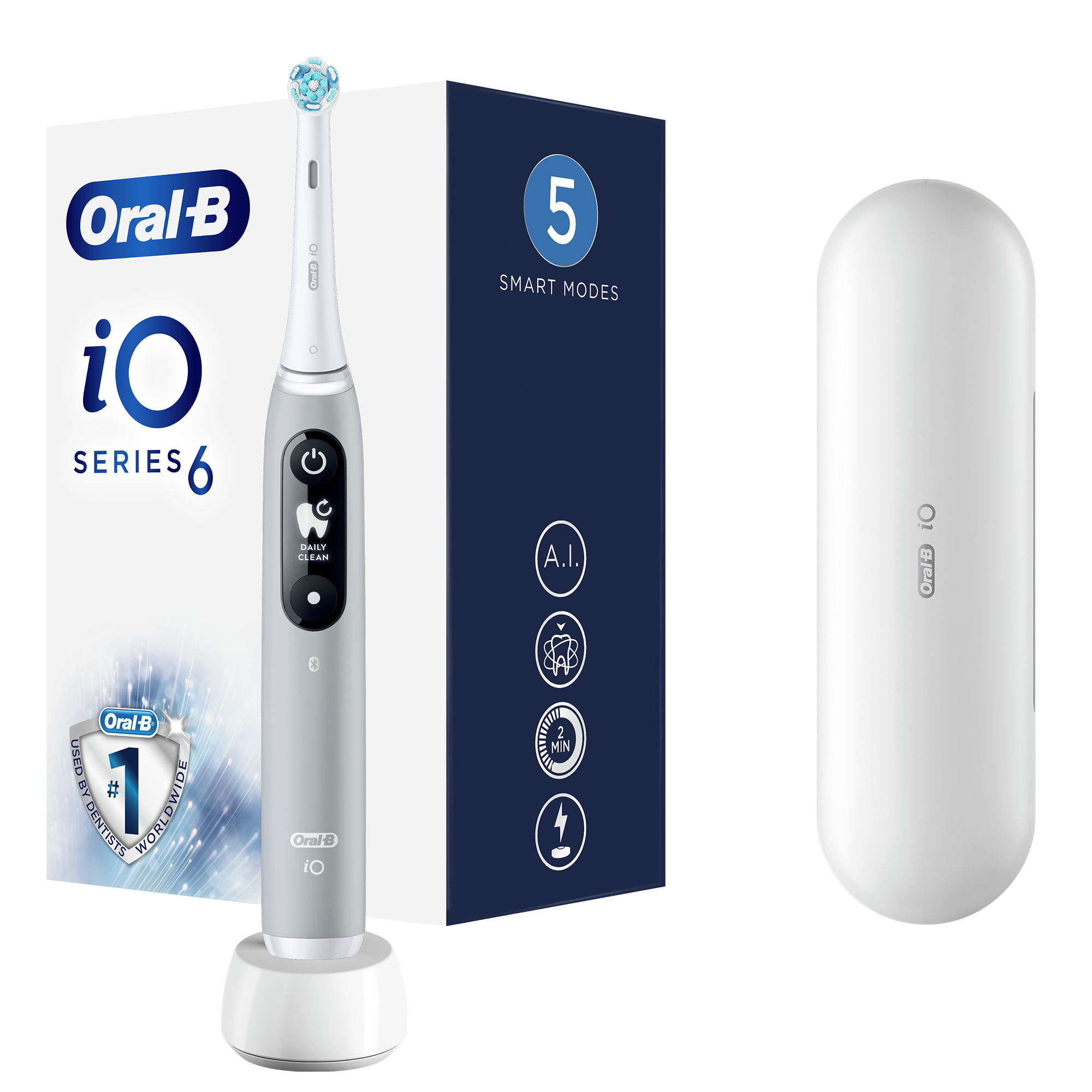 Periuta de dinti electrica Oral-B iO6 cu Tehnologie Magnetica si Micro-Vibratii, Inteligenta artificiala, Display led interactiv, Senzor de presiune Smart, Timer vizibil, 5 moduri, 1 capat, Trusa de calatorie, Gri
