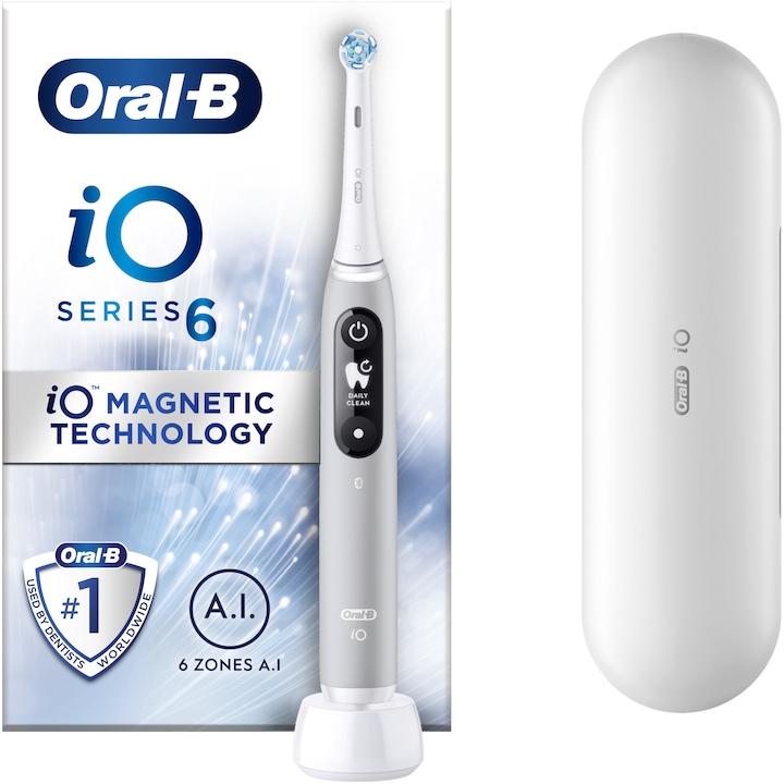 Ел. четка за зъби Oral-B iO6 с магнитни технологии и микровибрации, Изкуствен интелект, LED интерактивен дисплей, Интелигентен сензор за налягане, Видим таймер, 5 програми, 1 край, Комплект за пътуване, Сив