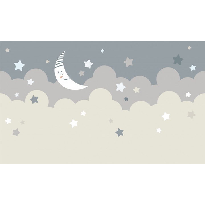 Fototapet pentru copii, Luna alba pe cerul albastru cu stele, 400 x 250 cm