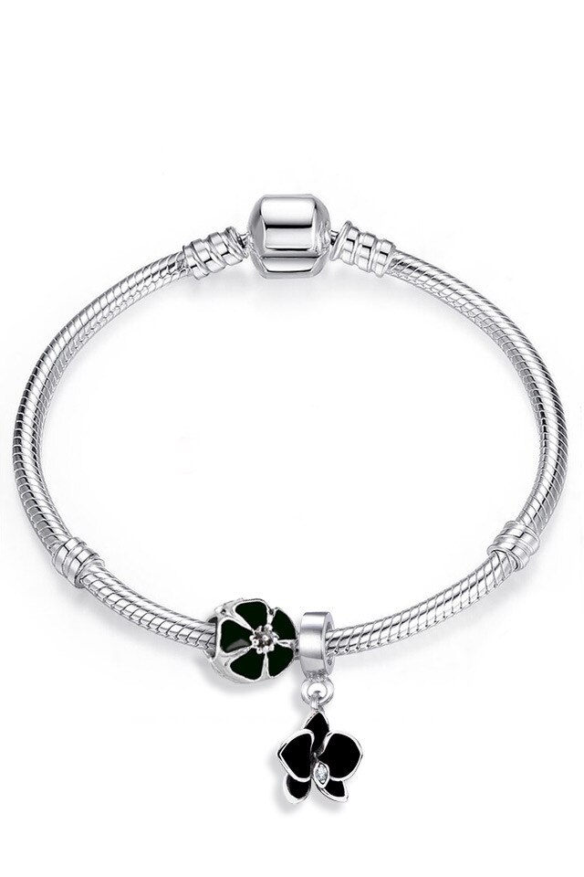 Bratara placata cu argint tip Pandora, charmuri cu floricele si orhidee pictate cu negru, Argintiu