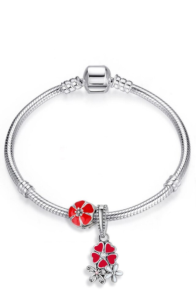 Bratara placata cu argint tip Pandora, charm si pandantiv cu floricele pictate si cristale, Rosu