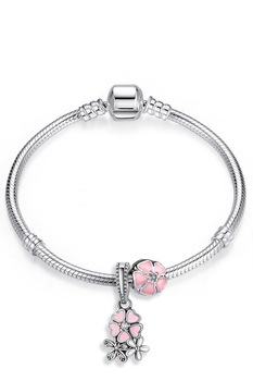 Bratara placata cu argint tip Pandora, charm si pandantiv cu floricele pictate si cristale, Roz Bratara placata cu argint tip Pandora, charm si pandantiv cu floricele pictate si cristale, Roz