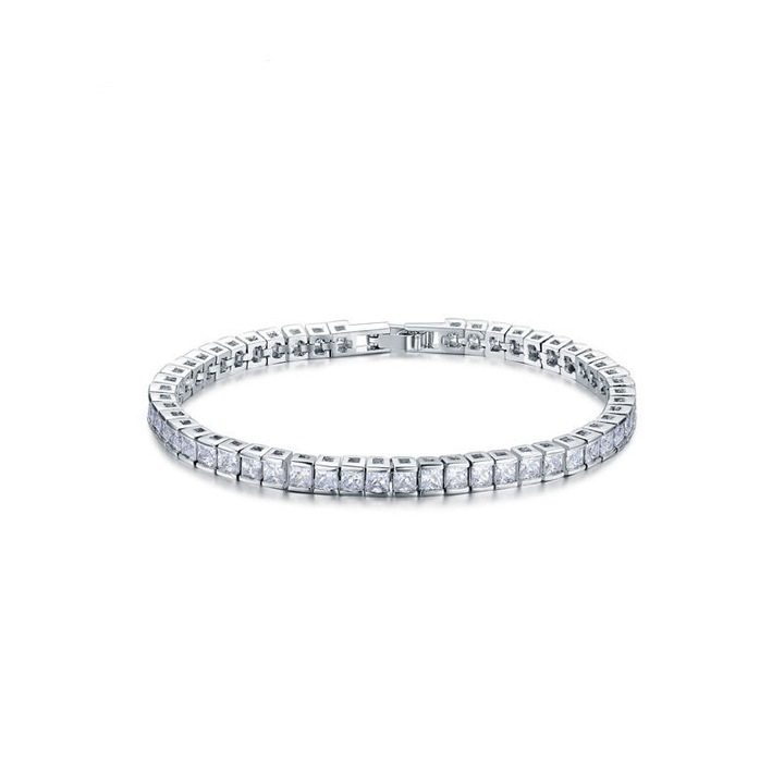 Bratara placata cu aur alb, decorata cu cristale de Zirconiu in casete patrate, 16.6 cm, Madamme Bijoux