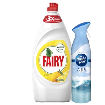 Pachet Detergent de vase Fairy Lemon, 900 ml & Odorizant de camera Ambipur Spray Ocean Fresh, 300 ml Pachet Detergent de vase Fairy Lemon, 900 ml & Odorizant de camera Ambipur Spray Ocean Fresh, 300 ml