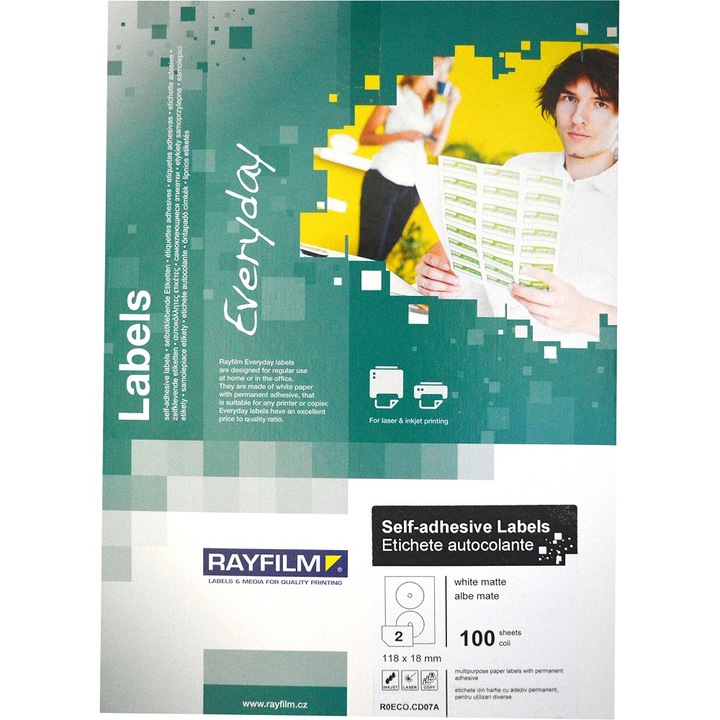 Etichete autoadezive pentru CD, de 118x18mm, alb mat, 2buc/A4 100coli/top, gama ECO uz universal Rayfilm