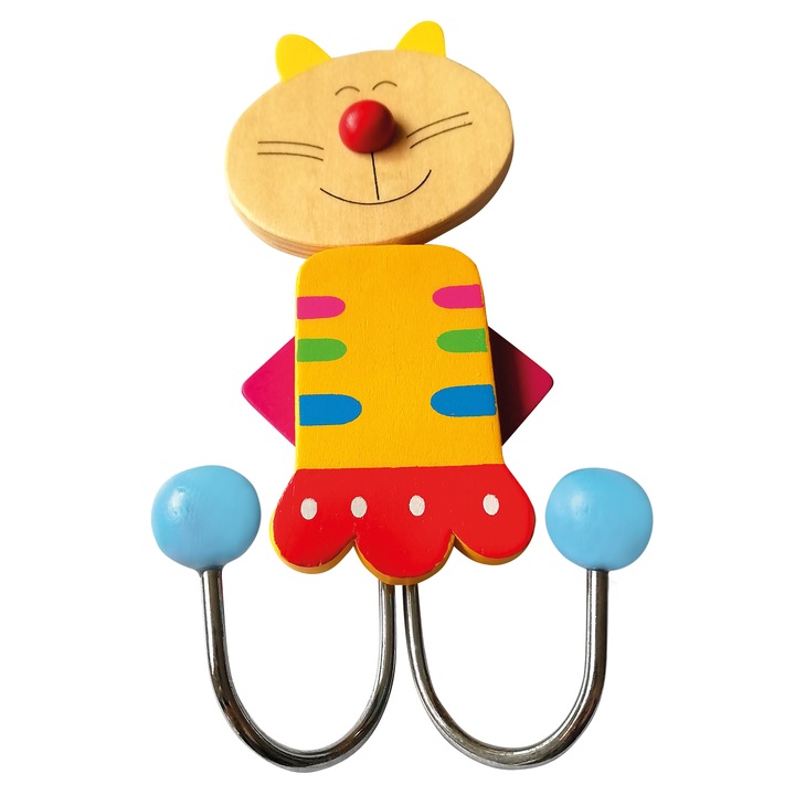 Cuier haine copii, Model pisica, Lemn, Multicolor