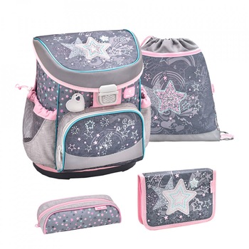 Set Ghiozdan scoala 4 piese, Belmil Mini Fit, cu sac de umar pentru echipament si doua Penare, model Stelute stralucitoare Set Ghiozdan scoala 4 piese, Belmil Mini Fit, cu sac de umar pentru echipament si doua Penare, model Stelute stralucitoare