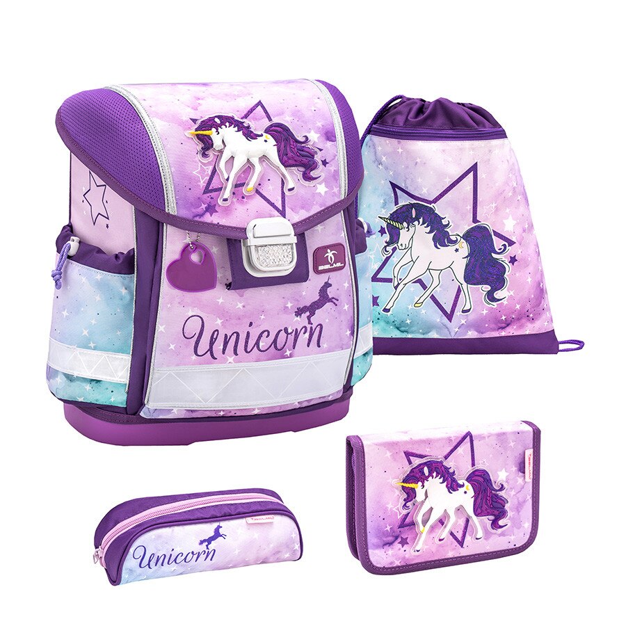 Set Ghiozdan scoala 4 piese, Belmil Classy, cu sac de umar pentru echipament si doua Penare, model Unicorn multicolor