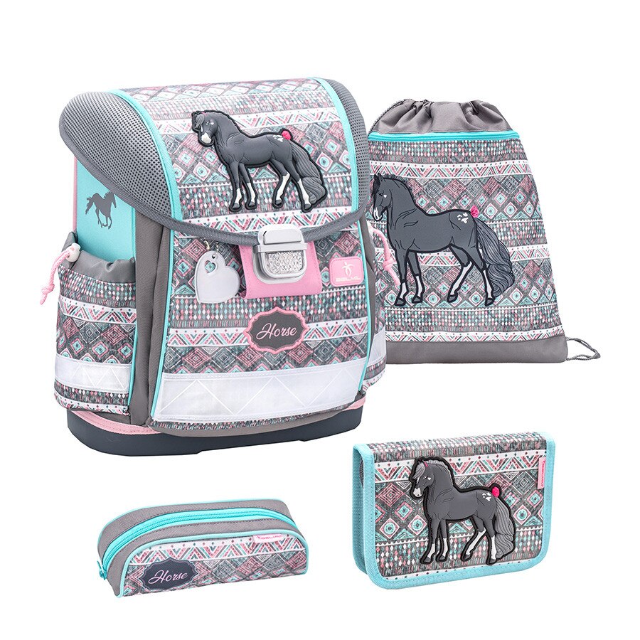 Set Ghiozdan scoala 4 piese, Belmil Classy, cu sac de umar pentru echipament si doua Penare, model imprimeu Cal 3D