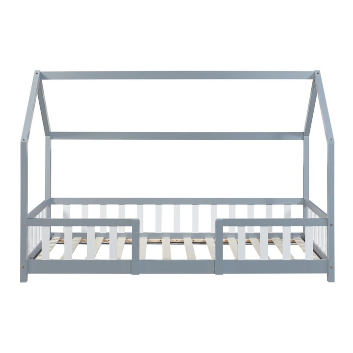 Pat copii Sisimiut HGW200, en.casa, 207 x 96 x 140 cm, 100 Kg, lemn de brad/furnir, gri/alb