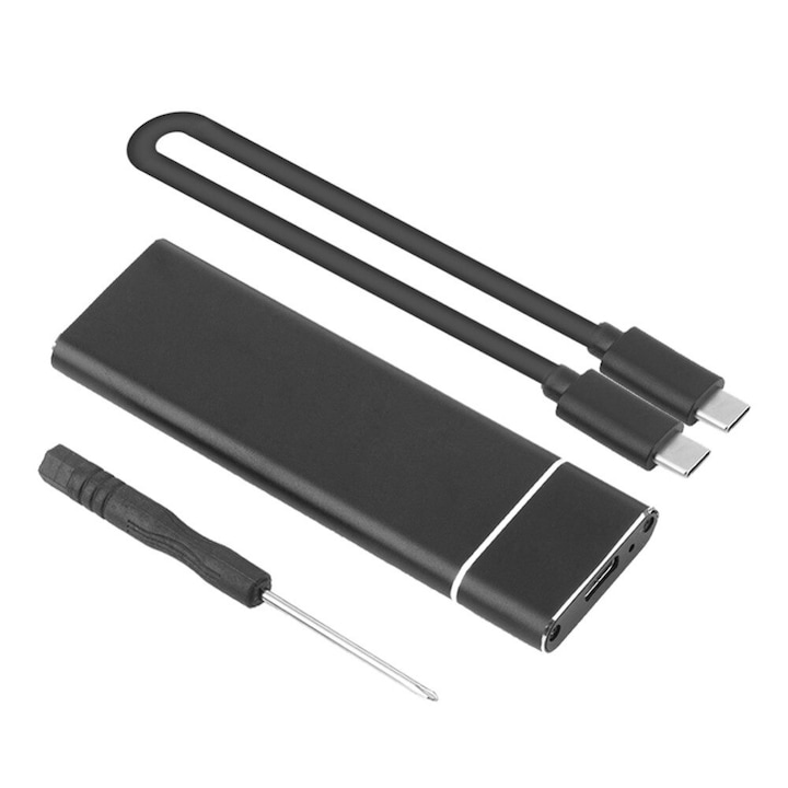 Преносима SSD кутия M.2 NGFF към USB 3.1 Type-C SATA SSD, Алуминиев корпус, Черен
