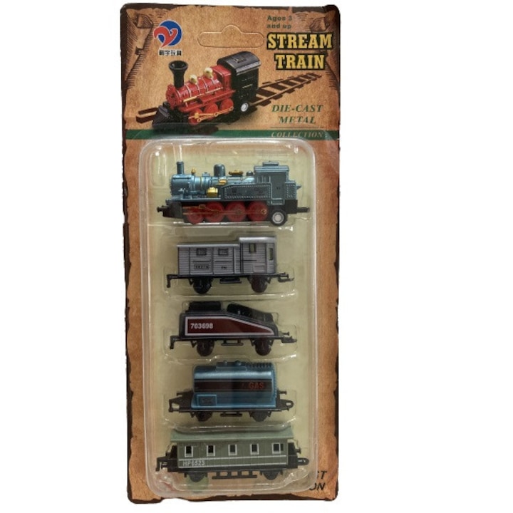 Set trenulet din metal ,1 locomotiva, 4 vagoane 6,7 cm,multicolor