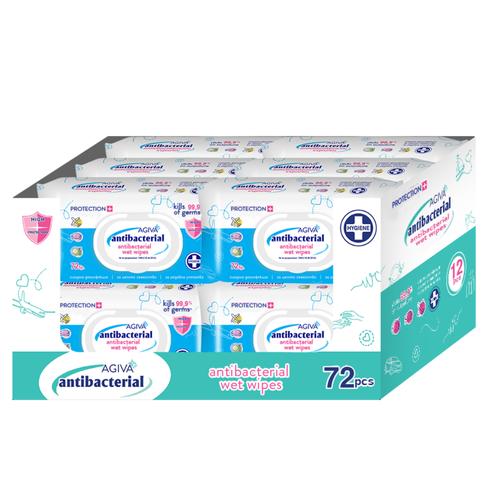 Agiva Antibakteriális nedves törlőkendő készlet, Antibakteriális, Kék, 12x72 db