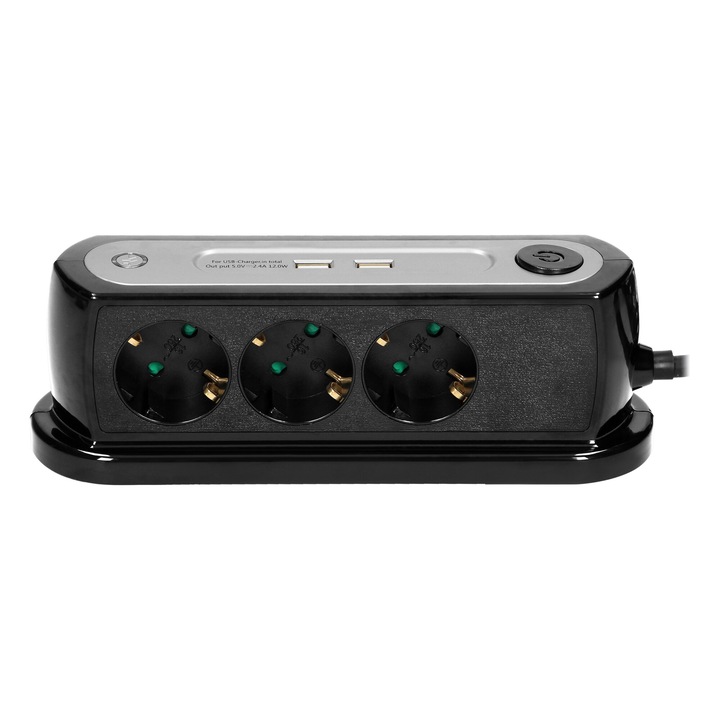 Мебелен контакт ORNO OR-AE-13190 (GS)/B, 3680W, 16A, 3 шуко контакта, 2 x USB, IP20, ключ, защита от пренапрежение, дължина на кабела 1,4 м, черен/сив