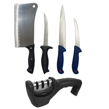 Kit Profesional macelar, 3 cutite, injunghiat, filitat, dezosat, GRM3, aparat manual pentru ascutit 3 nivele intensitate si Satar 800 g, otel inoxidabil Kit Profesional macelar, 3 cutite, injunghiat, filitat, dezosat, GRM3, aparat manual pentru ascutit 3 nivele intensitate si Satar 800 g, otel inoxidabil