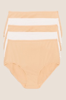 Marks & Spencer, Set de chiloti hipster - 5 perechi, Maro nisip/alb prafuit, 4XL Marks & Spencer, Set de chiloti hipster - 5 perechi, Maro nisip/alb prafuit, 4XL