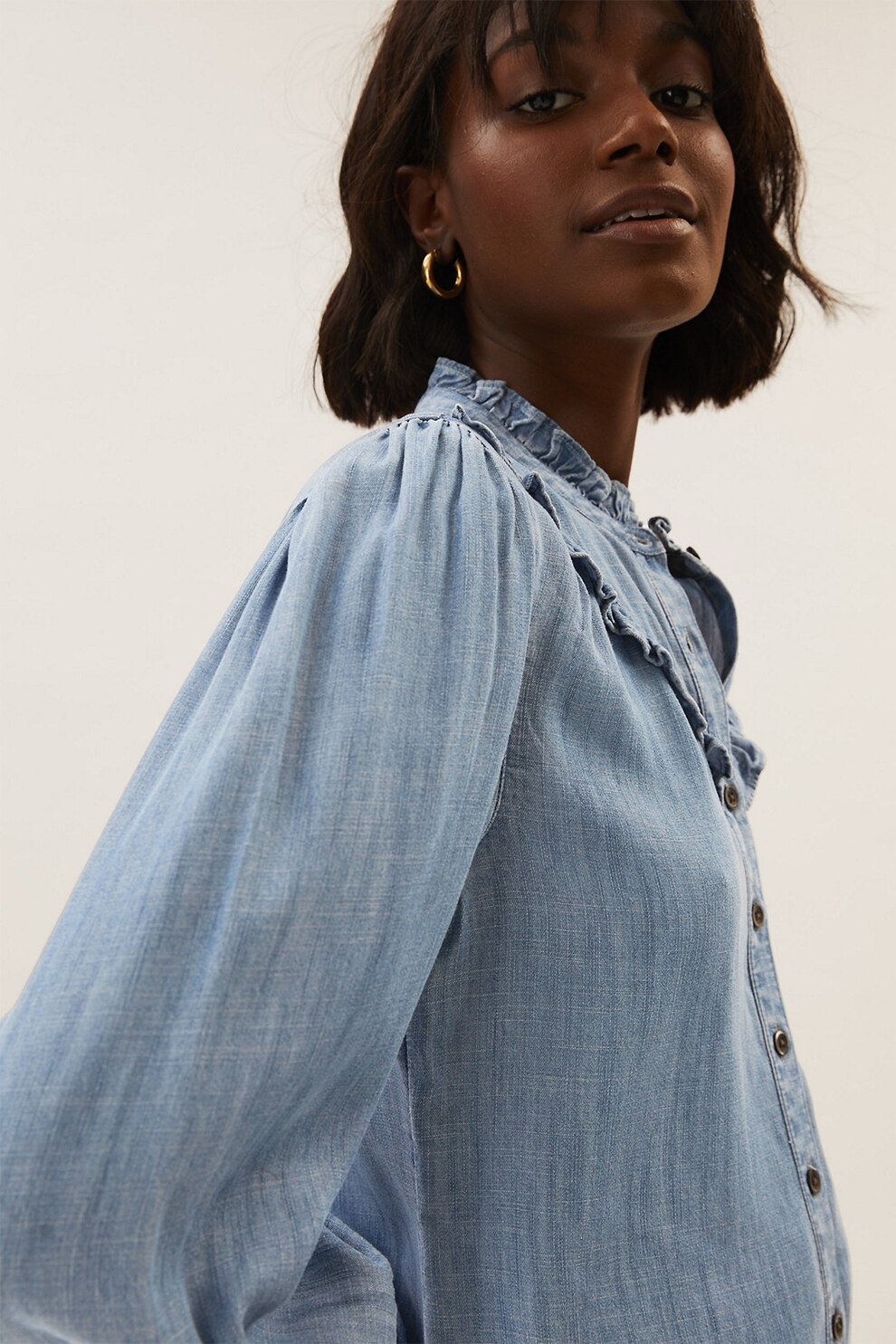 Marks & Spencer, Camasa de lyocell cu maneci bishop, Albastru deschis