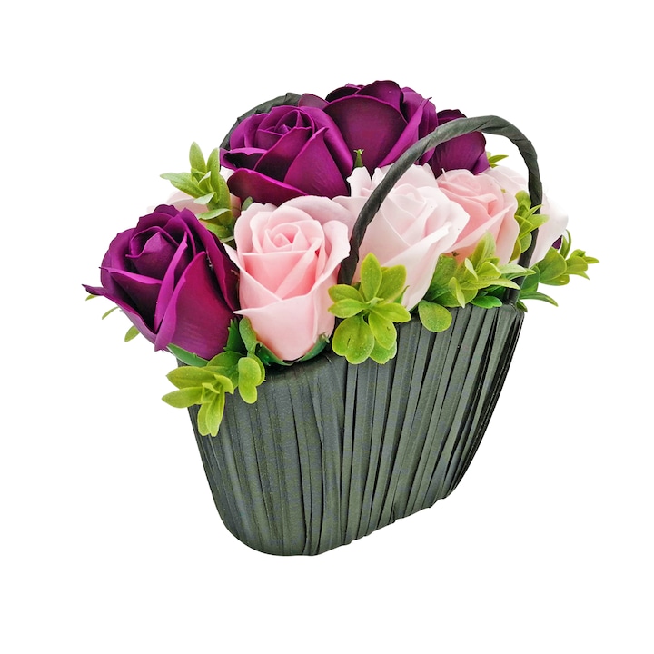 Флорална аранжировка Чанта със сапунени рози, розово - лилаво, в черна торба, DSPH1024 - 23:00 Събития