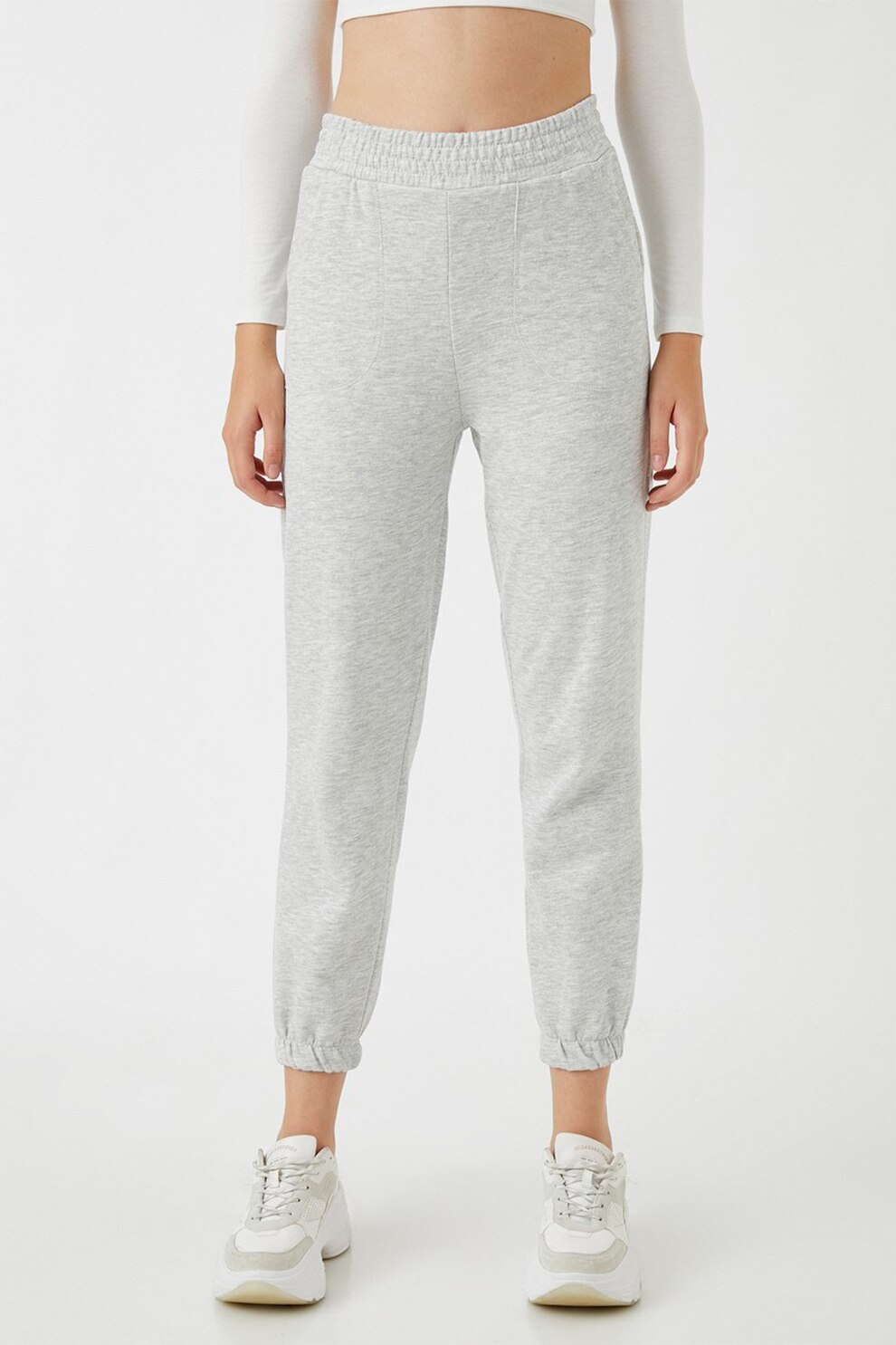 KOTON, Pantaloni sport conici cu talie inalta, Gri deschis melange