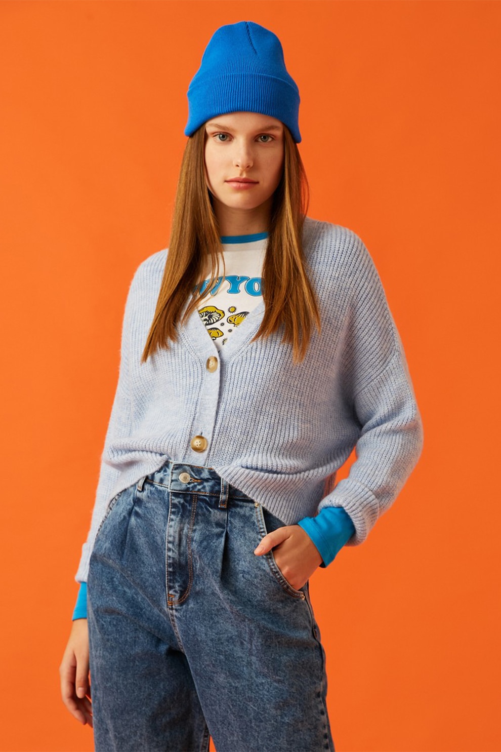 KOTON, Cardigan lejer cu maneci cazute, Albastru lavanda